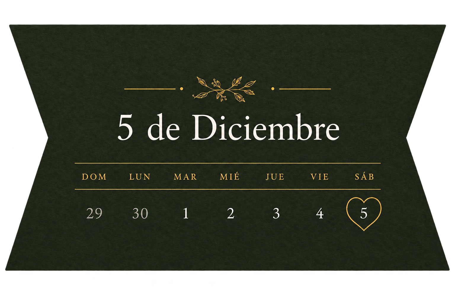 Calendario de diciembre de 2026 con el sábado 5 marcado como fecha de la boda